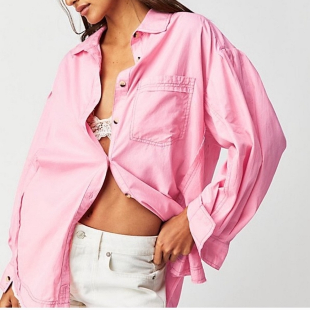 We the free strawberry cream button down shirt (oversized)